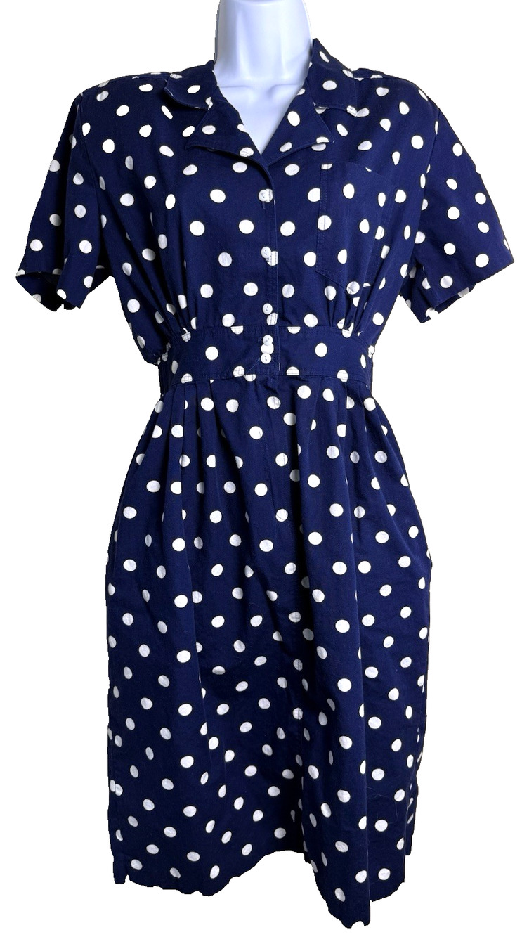 Vtg 80s Sabino petite 10 navy blue polka dot shirt dress Retro Rockabilly